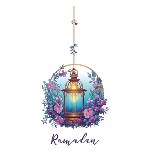 Artistic Ramadan purple floral lantern wall sticker with golden accents and moon details