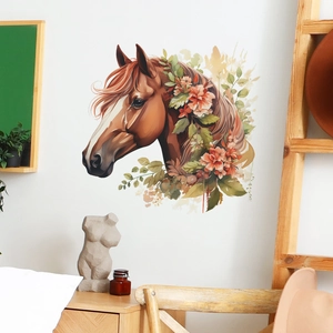 Sticker mural tête de cheval marron avec fleurs pour décoration de salon et chambre
