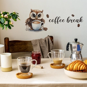 Sticker mural hibou dessin animé coffee break pour décoration de cuisine café