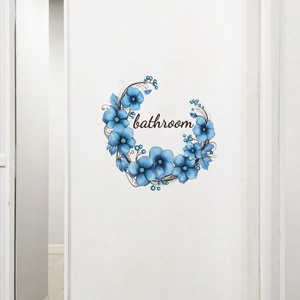 Blue floral wreath wall sticker with bathroom lettering for home decor decoration