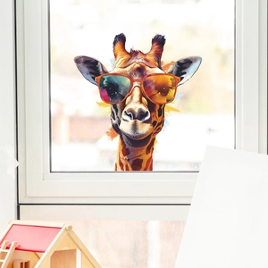 Sticker Mural Girafe Artistique avec Lunettes de Soleil Décalcomanie en PVC Animal Coloré pour Décoration de Maison