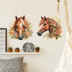 Stickers Muraux Artistiques Tête de Cheval Style Bohème PVC Aquarelle Florale Animale Décalcomanies pour Salon Chambre à Coucher