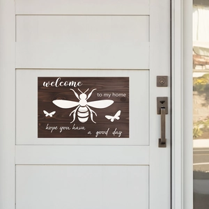 Rustic wood welcome to my home sign with bee and butterfly patterns for home wall decor