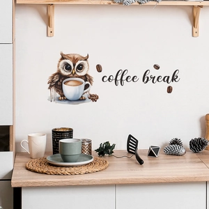 Détail du sticker mural hibou avec lettrage Coffee Break pour décoration de cuisine