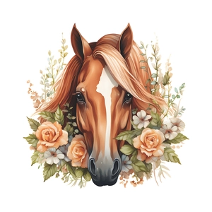 Détail de sticker mural montrant une tête de cheval avec des roses et des feuilles