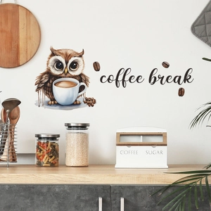 Sticker mural hibou dessin animé Coffee Break pour cuisine et café décoration
