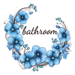 Elegant blue floral wreath wall sticker for bathroom door decoration with cursive lettering