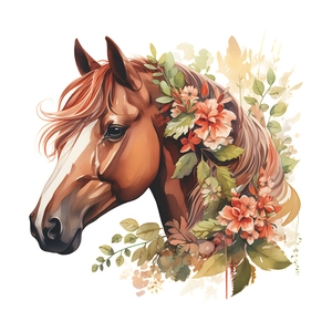 Sticker mural artistique avec tête de cheval brun ornée de fleurs et de feuilles colorées