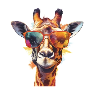 Sticker mural girafe artistique avec lunettes de soleil orange et éclats d'aquarelle