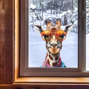 Detail eines Cartoon-Giraffen-Wandaufklebers mit Sonnenbrille durch ein Holzfenster