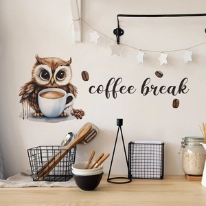 Sticker mural hibou coffee break pour décoration de cuisine et café ambiance