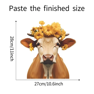 Detailed size specifications for a floral brown cow static window cling sticker