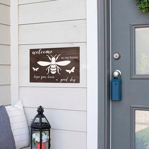 Rectangle wooden home decor plaque with bee motif and welcome to my home text