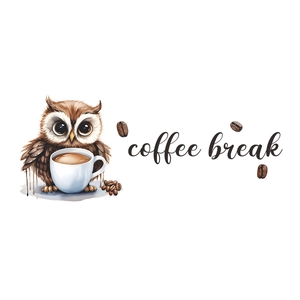 Sticker mural hibou dessin animé coffee break avec tasse et grains de café