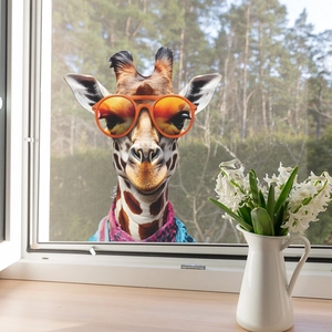 Cartoon Giraffe Glasfensteraufkleber mit Sonnenbrille und Schal für die Heimdekoration