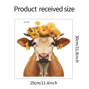 Size chart showing dimensions for cow glass sticker with floral crown at 29cm x 30cm