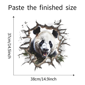 3D panda breaking through brick wall sticker with dimensions in centimeters and inches