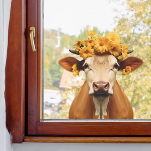 Detail view of sunflower cow static window sticker with vibrant floral crown on glass