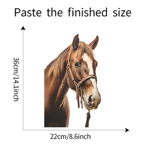 Detail view of horse head wall sticker showing finished size of 36cm height and 22cm width