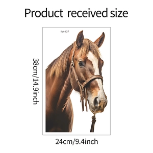 Detail view of horse head wall sticker showing 38x24cm dimensions and realistic fur texture
