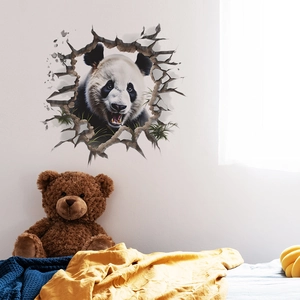 3D realistic panda wall sticker peeking from stone cracks for bedroom home decor