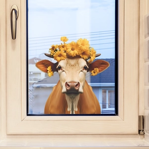 Static cling window decal featuring a cute cow peeking with a yellow daisy flower crown
