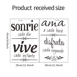Detailed dimension guide showing two 29x43cm Spanish motivational wall stickers