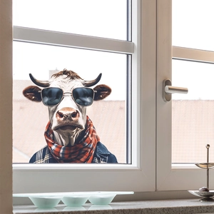 Funny cow window sticker with sunglasses and plaid scarf on a glass window pane