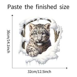 Detail showing 3D snow leopard wall decal dimensions of 36cm height and 32cm width