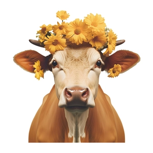 Dairy cow with yellow daisy wreath static window cling sticker for home decoration