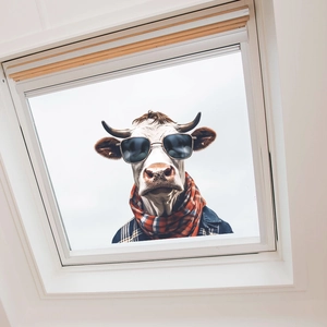 Funny cow static cling window decal with sunglasses and scarf on attic skylight glass