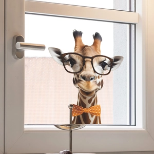 Detail eines süßen Giraffen-Fensteraufklebers mit Brille für die Glasdekoration