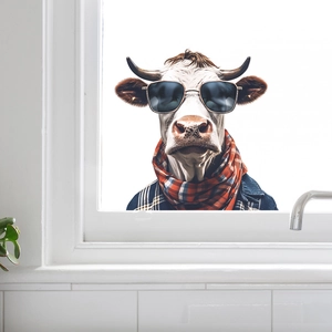 Funny cow wall sticker with sunglasses and scarf on window for home decor