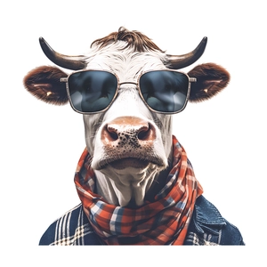 Funny anthropomorphic cow static UV wall sticker with sunglasses and denim jacket