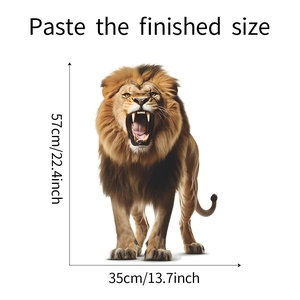 Detail view of lion wall sticker showing dimensions 57x35cm with 3D roaring design