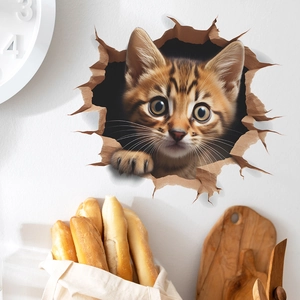Sticker mural 3D chat orange brisant le mur pour décoration de salon et chambre à coucher