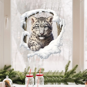 3D realistic snow leopard wall sticker breaking through a hole for winter window decor