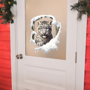 Detailed view of 3D leopard wall sticker with broken snow effect on a white glass door