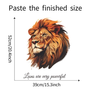 Close-up of powerful lion head wall sticker with detailed dimensions 52cm by 39cm