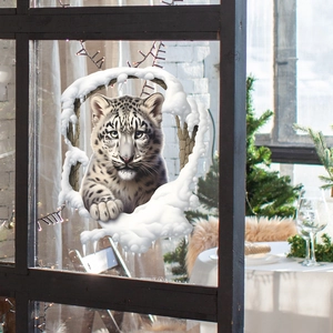 3D snow leopard wall decal showing a cub peeking through a broken wall for home decor