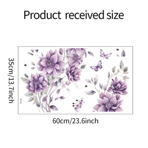 Détail des stickers muraux fleurs violettes et papillons avec dimensions 60x35cm