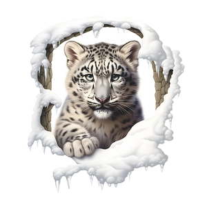 3D snow leopard cub wall sticker breaking through icy rocks on white background