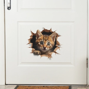 Sticker mural 3D chat tabby réaliste avec effet de mur brisé pour la décoration