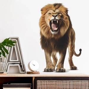 Macro detail of the 3D realistic roaring lion wall sticker on a white living room wall