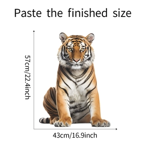 Detailed view of tiger wall sticker showing finished size dimensions 57x43cm on white backdrop