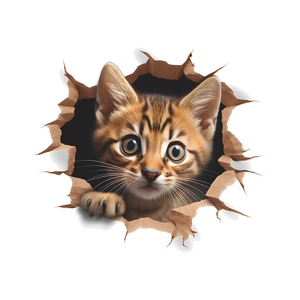 Sticker mural 3D représentant un chat tigré mignon sortant d'un trou réaliste au mur