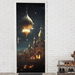 Autocollants de porte style moyen-oriental avec château et lanterne pour décoration