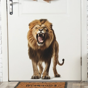 Realistic roaring lion wall sticker on white door for home living room decor