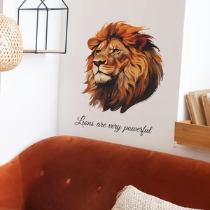 Close-up of artistic lion head wall decal with powerful slogan in a cozy living room decor