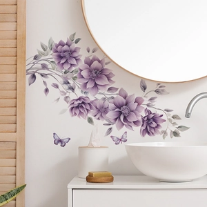 Stickers Muraux Papillon Fleur Violette PVC Aquarelle Florale Décalcomanies pour Salon Chambre Décoration Maison Murale